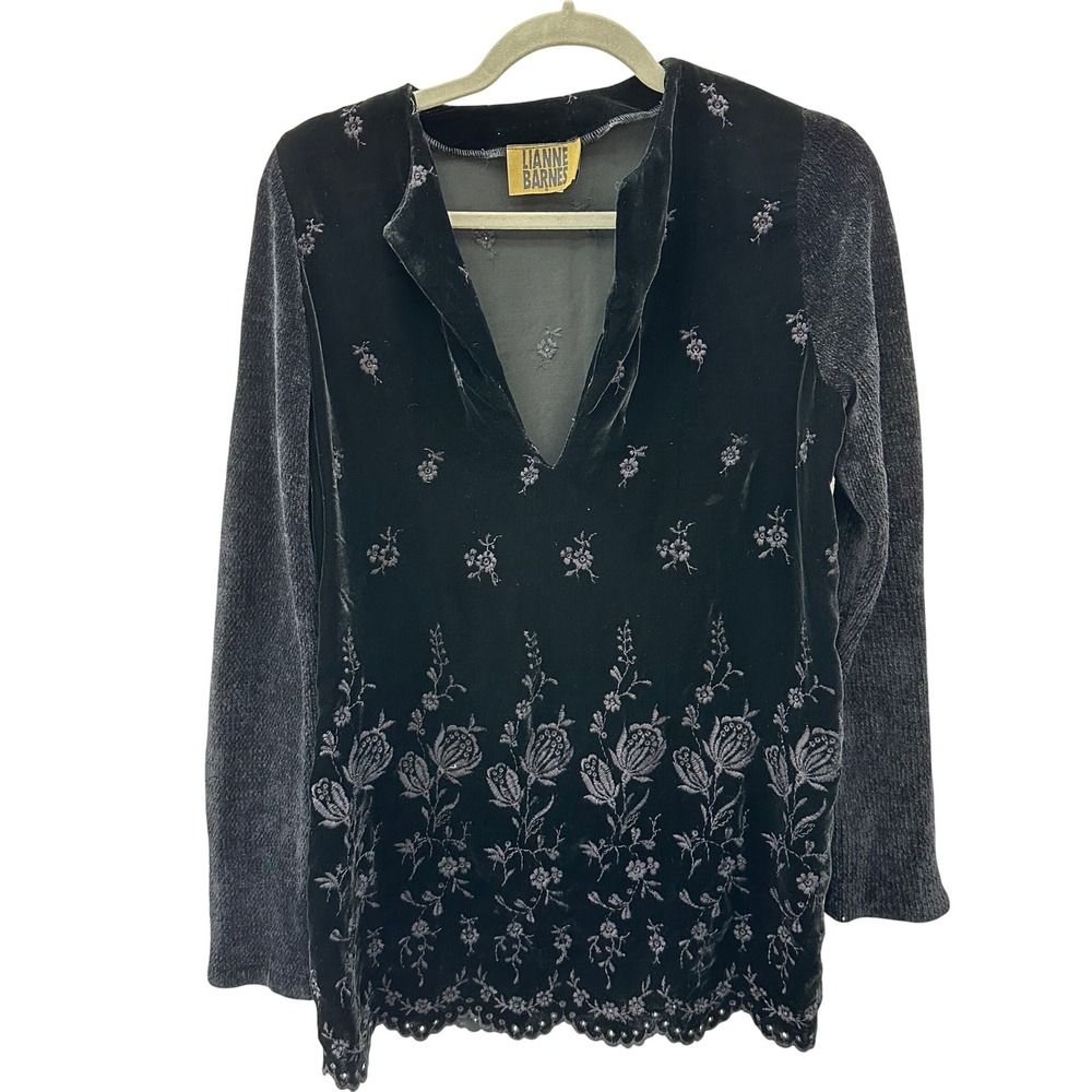Vtg Lianne Barnes Romantic Velvet Floral Embroidered Tunic Top Black Gothic